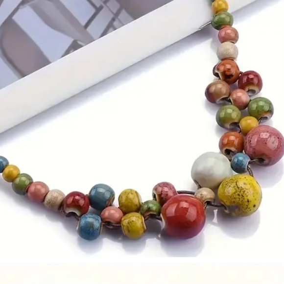 NECKLACE CERAMIC Beads Bohemian  Beaded Adjustable Necklace Tribal Colorful🍬 - Picture 6 of 7